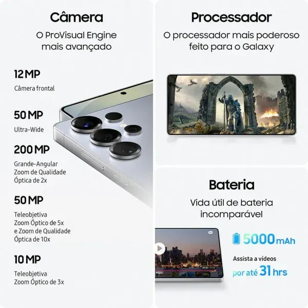 Smartphone Samsung Galaxy S25 Ultra 256GB 12GB RAM 5G Titânio Preto Tela 6,9 Polegadas Bateria 5000 mAh