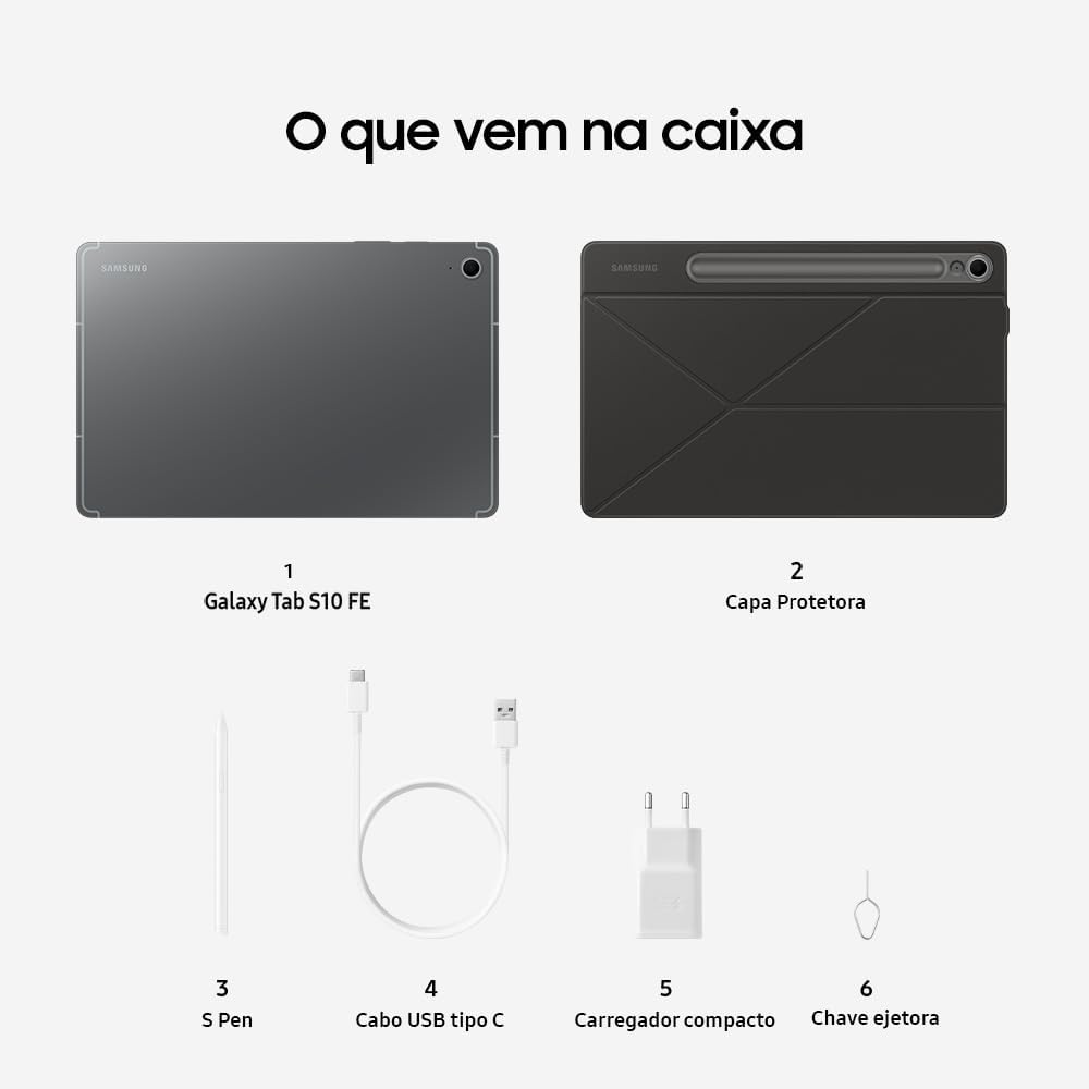 Tablet Samsung Galaxy Tab S10 FE, Cinza, 128GB, 8GB RAM, Tela Imersiva de 10.9" 90Hz, Camera Traseira de 13MP, Câmera Frontal de 12MP Ultra Wide, Wifi 6, IP68, Android 15